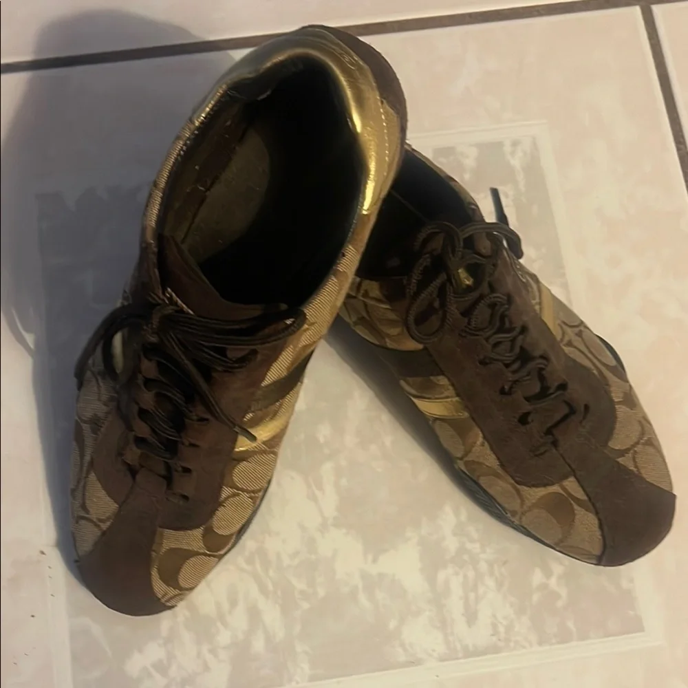 Vintage Coach Women's Sneakers in Brown and Gold